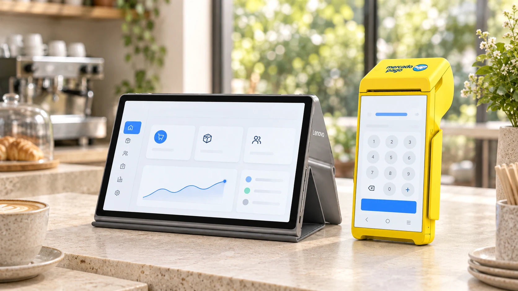 Lenovo Tab Plus y terminal Point Smart 2 en una nueva escena de mostrador